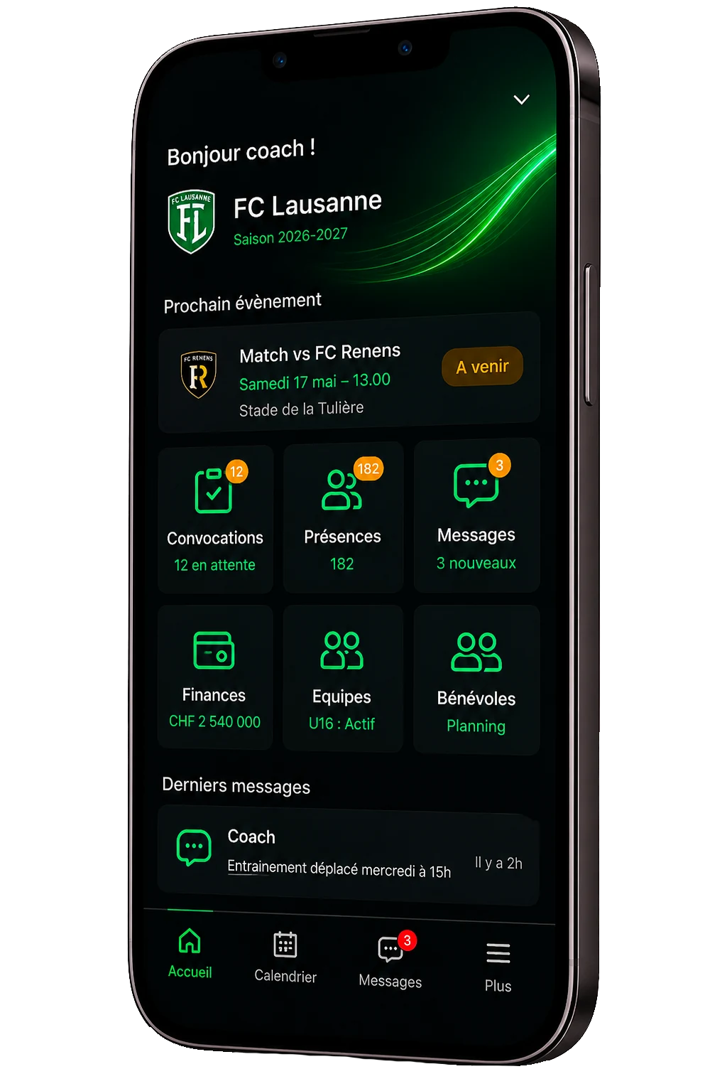 L'application MatchPulse — écran d'accueil du coach sur iPhone